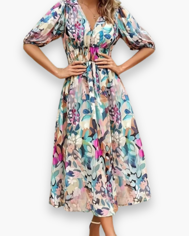 Damen Elegantes Blumenmuster Kleid | Midi