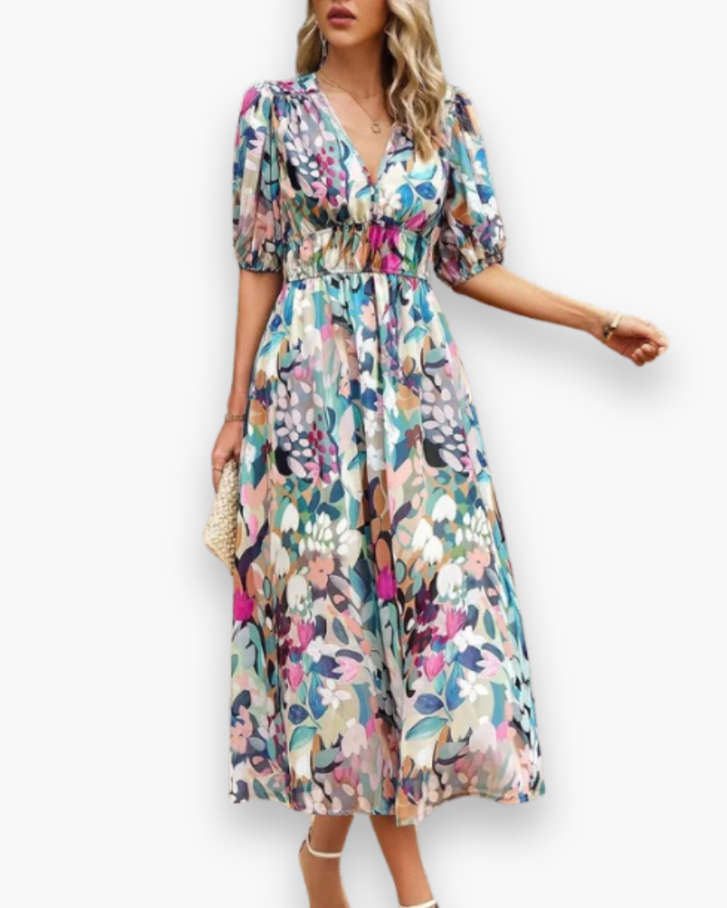 Damen Elegantes Blumenmuster Kleid | Midi