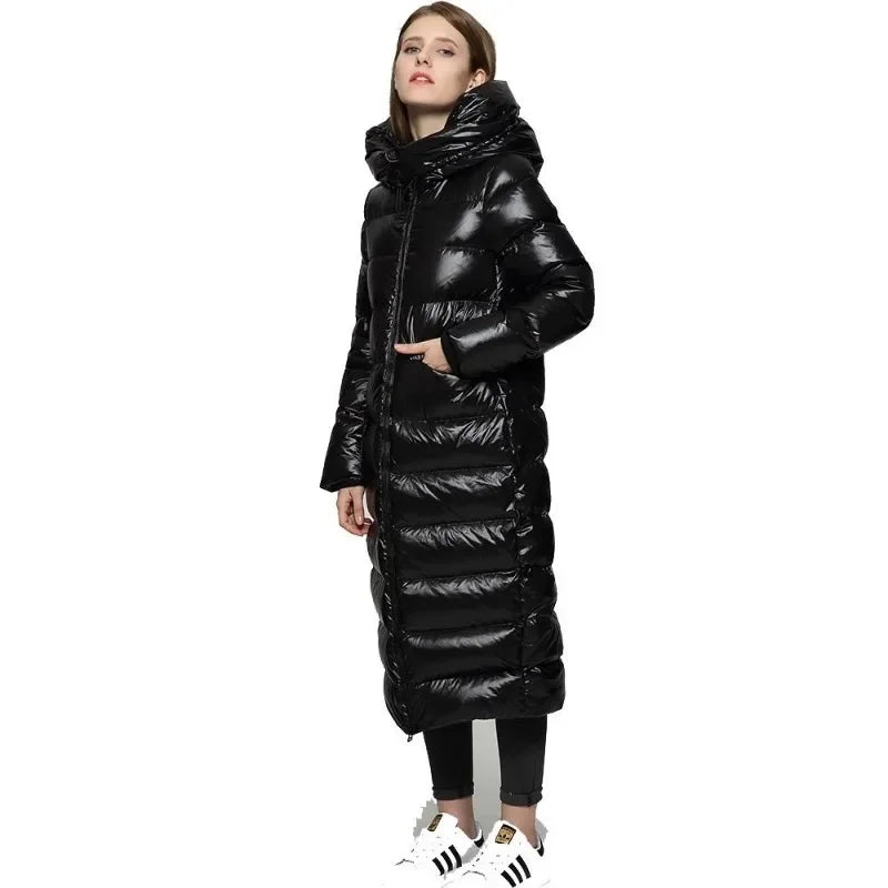 Damen Kapuzen Glänzender Puffer Mantel | Ganzlang