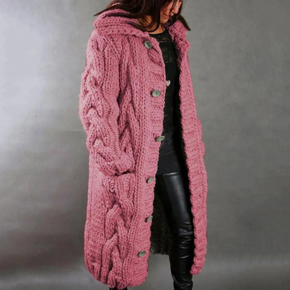 Damen Zopfmuster Mantel | Langer Stil Mit Kapuze