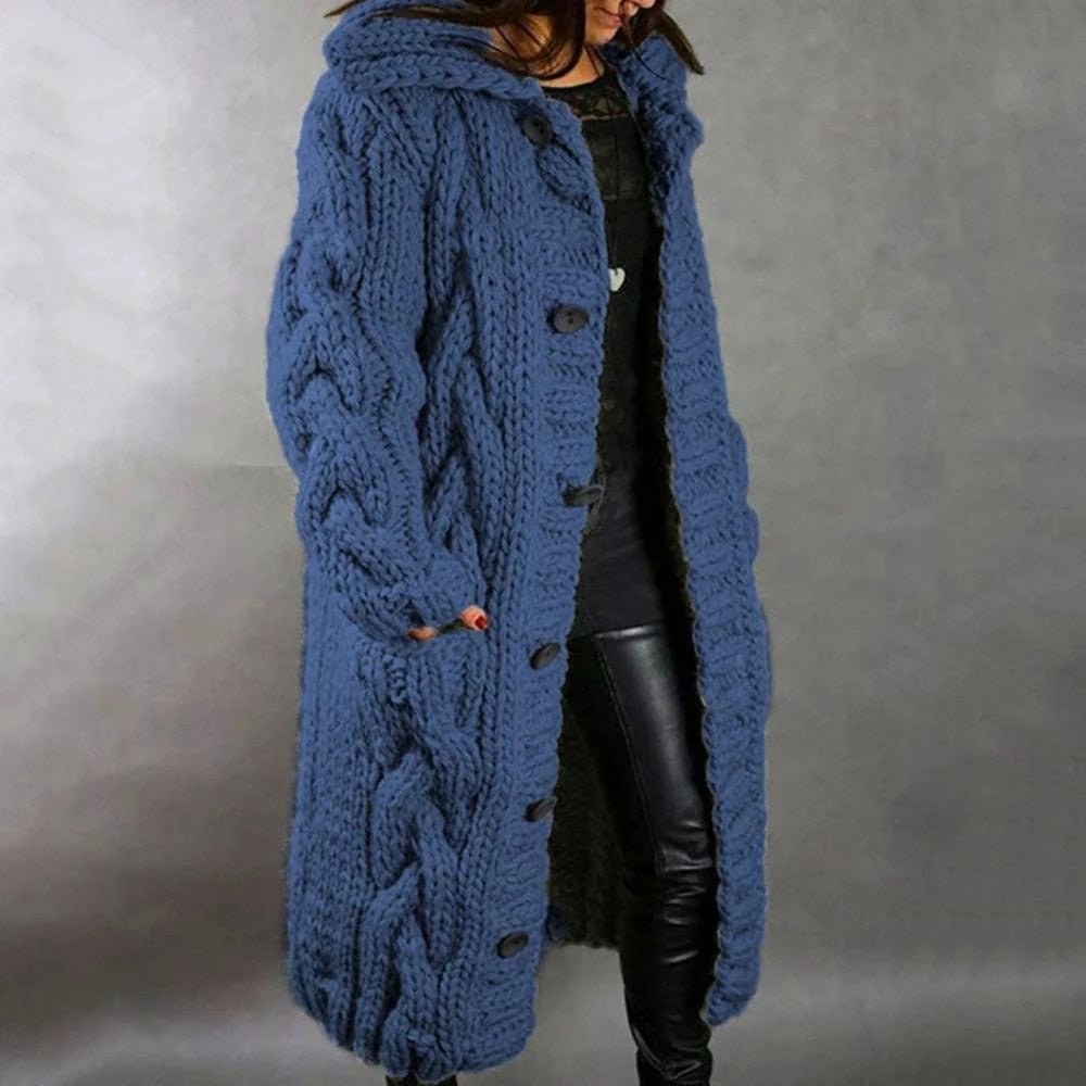 Damen Zopfmuster Mantel | Langer Stil Mit Kapuze