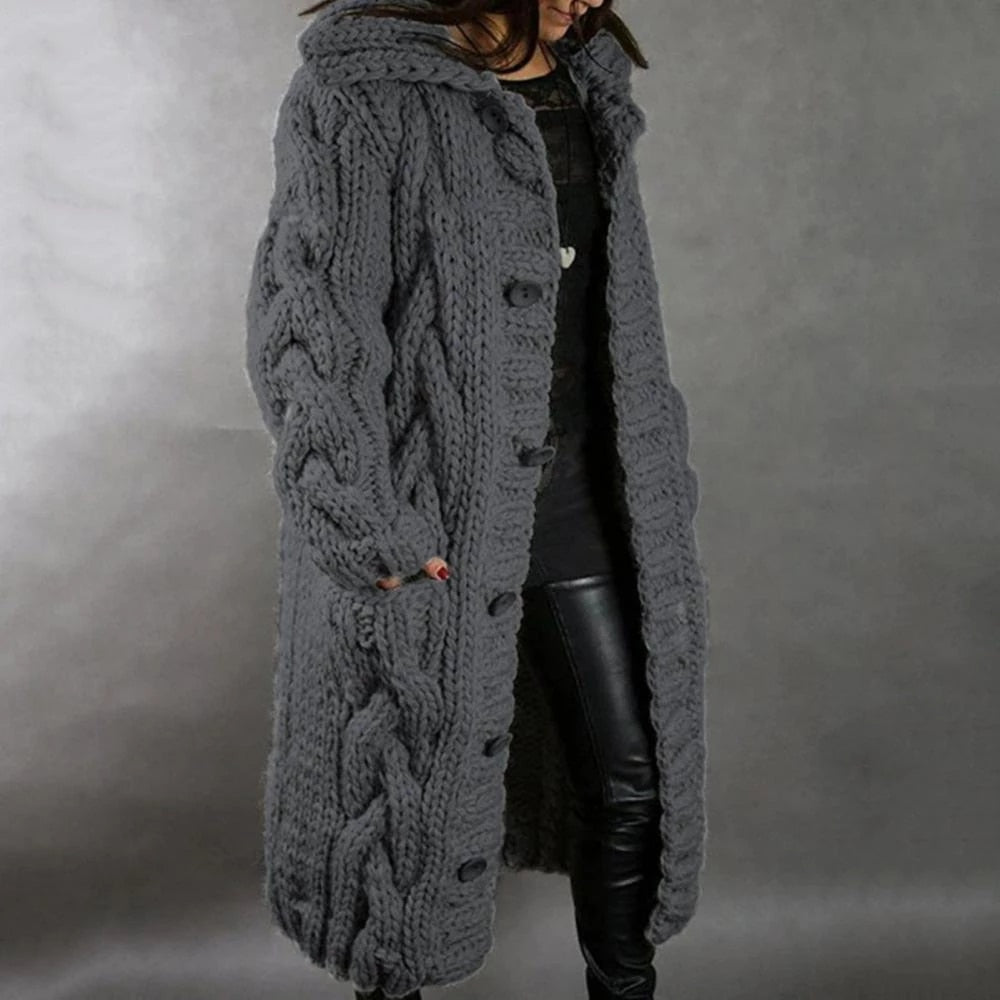 Damen Zopfmuster Mantel | Langer Stil Mit Kapuze