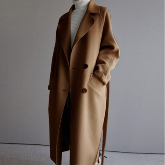 Damen Langer Klassischer Wintermantel | Zwei-Knopf Revers Design