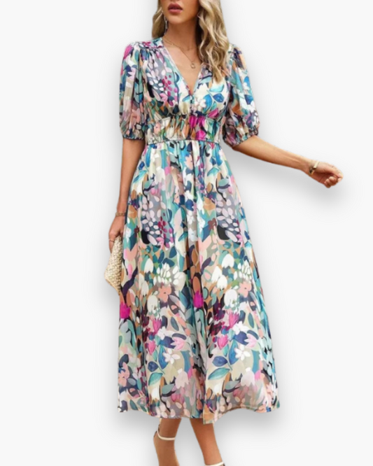 Damen Elegantes Blumenmuster Kleid | Midi