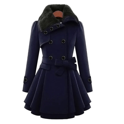 Winterjacke Damen Eleganter Langer Wintermantel | Mit Fellkragen und Kapuze