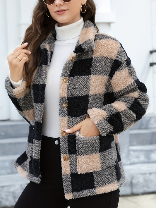 Damen Fleecejacke Kariert | Übergangsjacke Mit Knopfverschluss