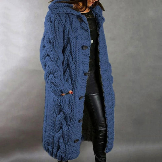 Damen Zopfmuster Mantel | Langer Stil Mit Kapuze