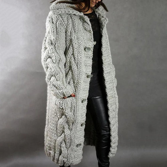 Damen Zopfmuster Mantel | Langer Stil Mit Kapuze